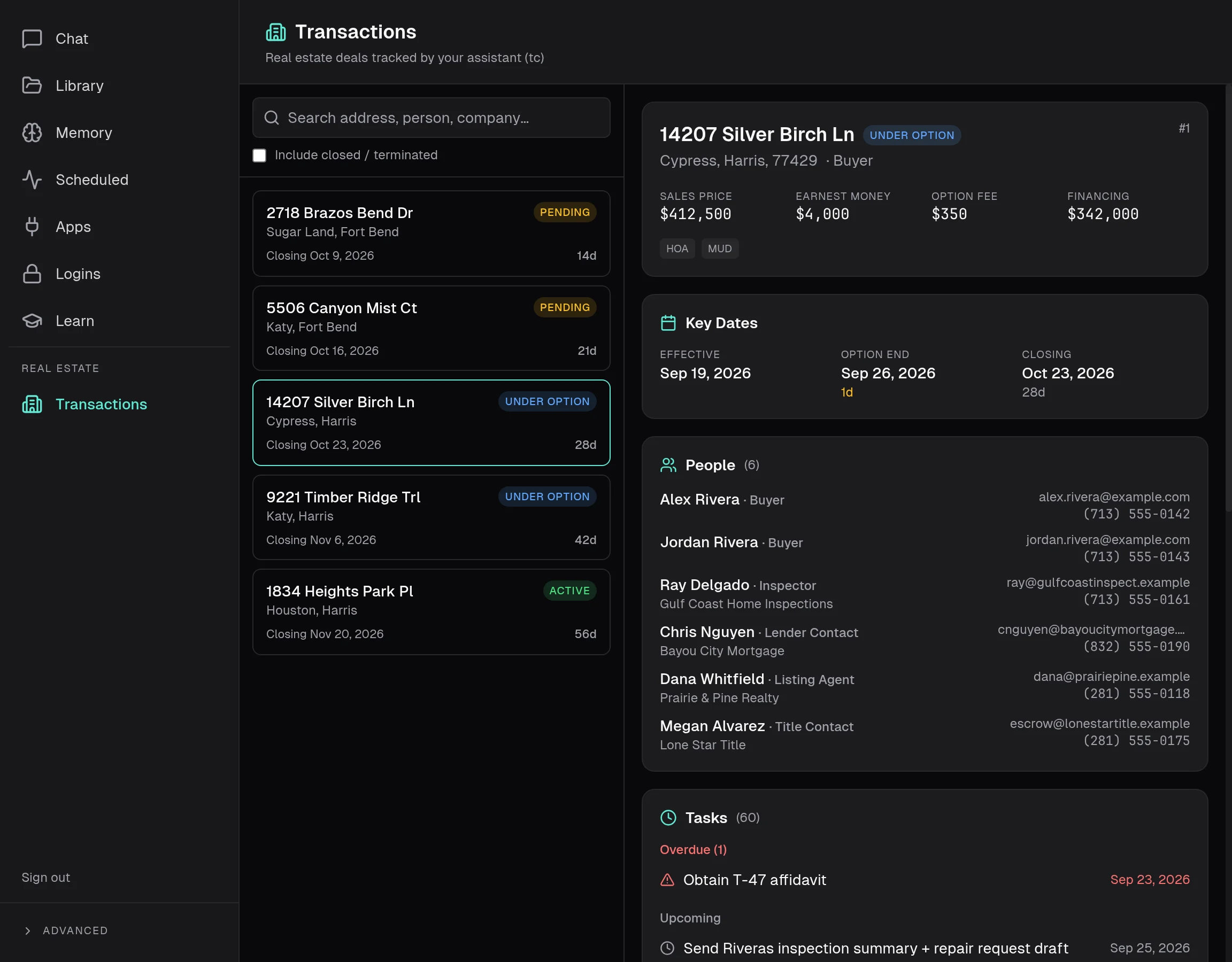 A deal file showing sales price, earnest money, option fee, key dates, and everyone involved in the transaction