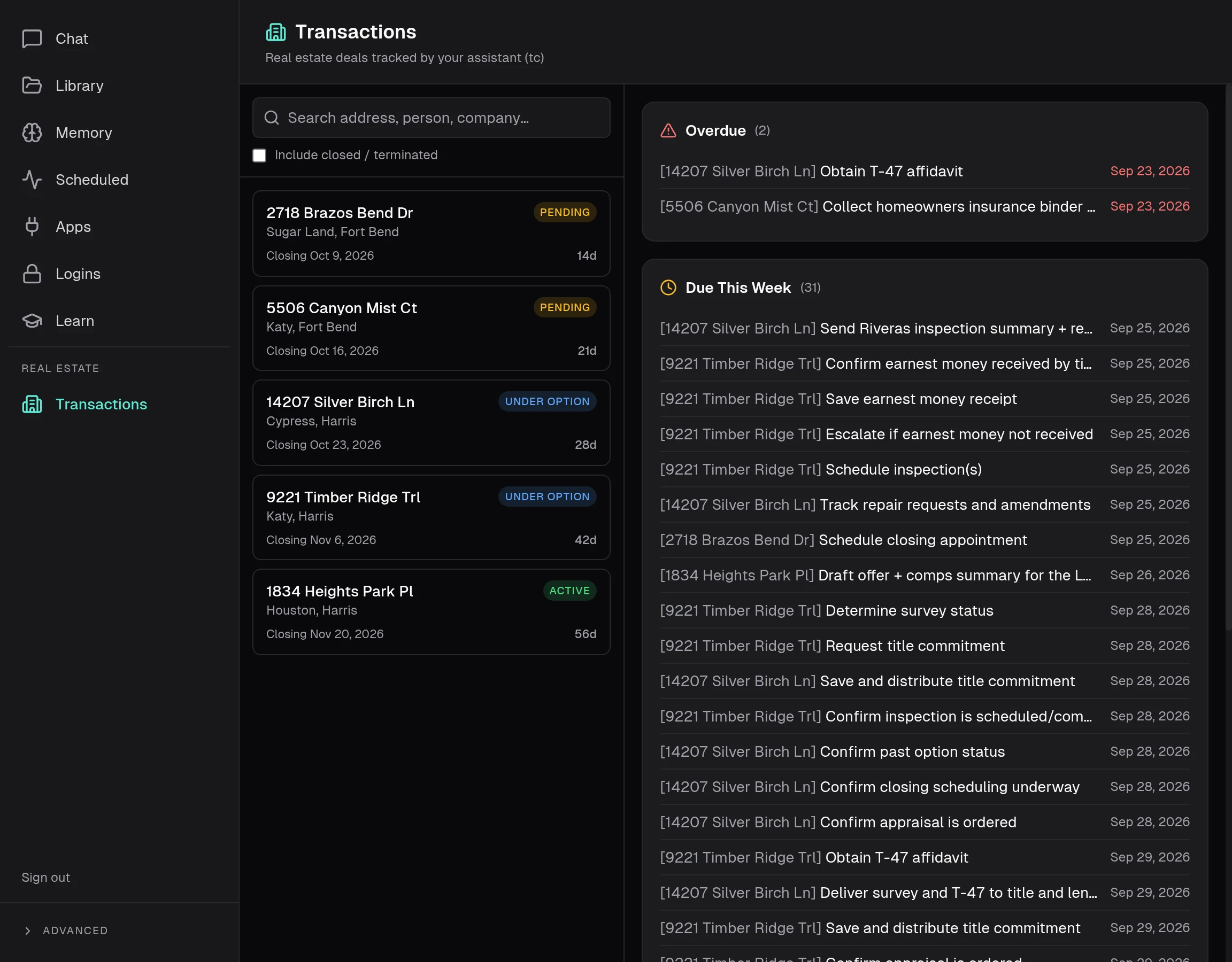 Transactions dashboard listing five active deals alongside overdue and due-this-week task lists